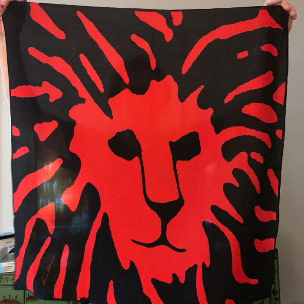 Vintage Red and Black Lion Silk Scarf by Anne Klein / Approx 31” Square / RARE
